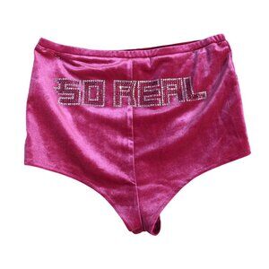 Barbiecore So Real Rhinestone Pink Velvet Shorts Women’s Sz L Y2K Glam Festival